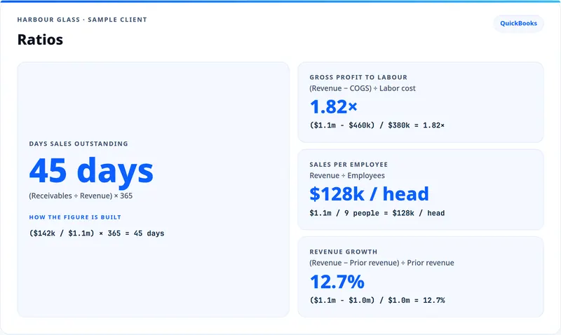Sample client ratios filled in: days sales outstanding 45 days, gross profit to labour 1.82 times, sales per employee $128k per head, and revenue growth 12.7 percent, each with the figures used